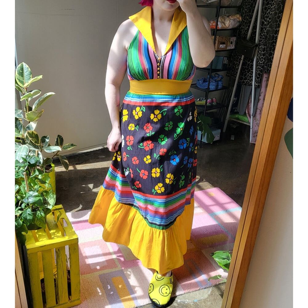 Vintage Handmade Halter 70s Rainbow Floral Striped Colorful Maxi Dress